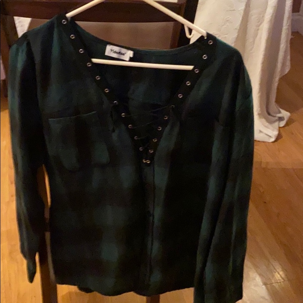 Woman’s plaid , Vneck lace up top